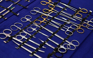 Medical instruments. Medicinal scissors used by doctors in various operations. Product photography.
