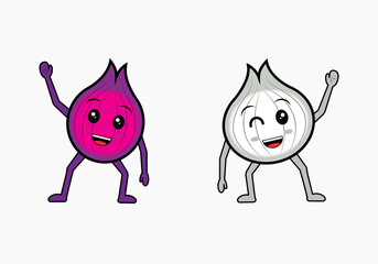 Onion and Garlic shaped vector with cute face posing on white background