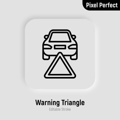 Car warning triangle. Car accident. Thin line icon. Breakdown automobile. Pixel perfect, editable stroke. Vector illustration.