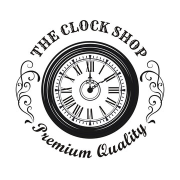 Clock shop stamp design. Monochrome element with old watch vector illustration with text. Watchshop and service concept for symbols, emblems and labels templates