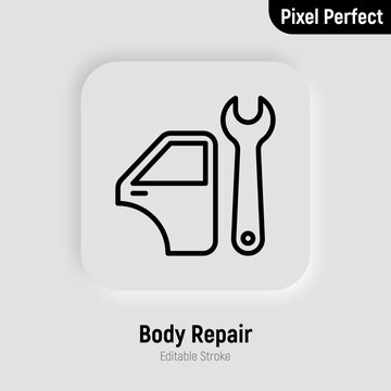 Car service: auto body repair thin line icon. Car door and wrench. Pixel perfect, editable stroke. Vector illustration.