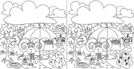 
picture-coloring. find 10 differences. lamb in the rain