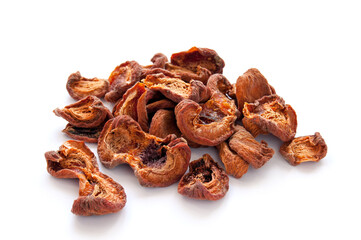 Fototapeta premium Apricot halves were dried in a fruit dryer, organic product on the white background