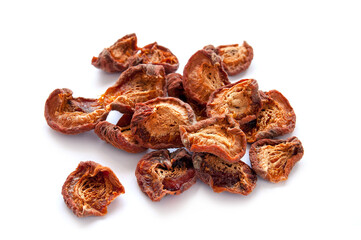 Apricot halves were dried in a fruit dryer, organic product on the white background