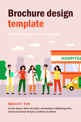 Affable medical team staff standing in clinic yard isolated flat vector illustration. Cartoon group of doctors and pharmacists near hospital building. Medicine and health concept