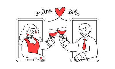 Online date, quarantine romantic relationship concept. Line art of woman and man drinking wine while video chat. Minimalist vector cartoon illustration for web banner, advert, or social media. 
