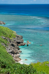 Beautiful hillside with coastal vegetation, rock formation and stunning blue sea filled with coral reefs. Yonaguni Island.