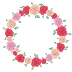 Flowers round frame with colorful roses. Vintage vector wreath is suitable for wedding invitations and birthday cards.