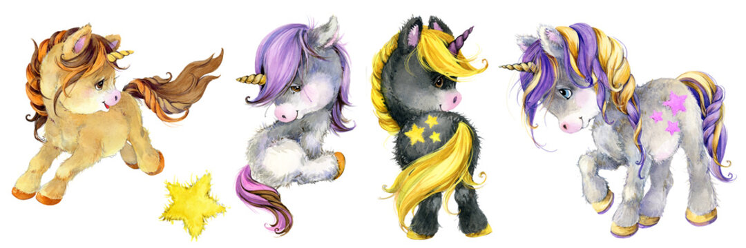 Cute Unicorn watercolor hand drawn illustration set. cartoon pony