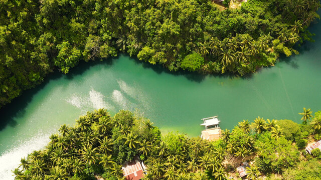 Beautiful natural scenery of Loboc river in tropical green forest. Bohol, Philippines.