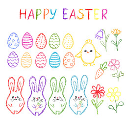 Chalk Easter symbls collection. Children drawing  hand drawn wax crayons Eater set.Crayon style Easter symbols. Color pastel crayons freehand drawn Happy Easter text. Chalk eggs, flowers, bunny, chick