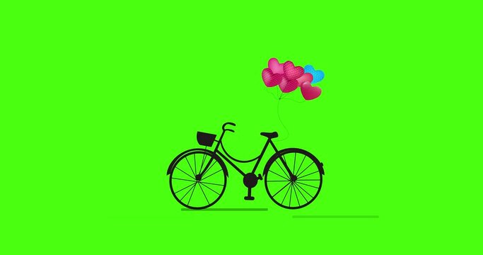 Bicycle animation with a heart shape balloon for Valentine's Day. Bicycle Loop Animation Isolated on green screen with Luma Matte.