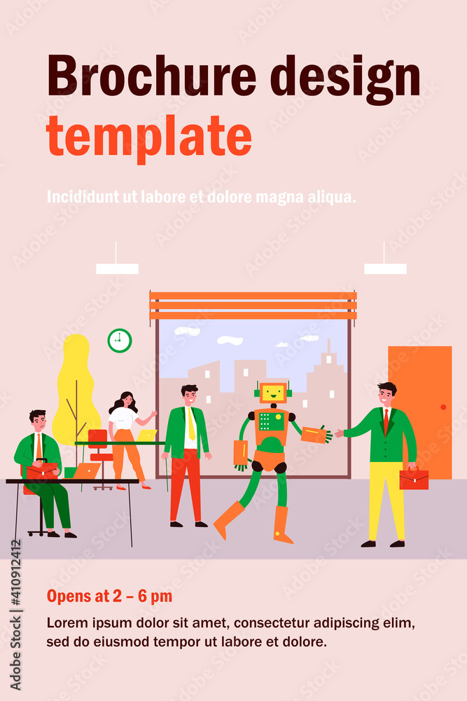 Poster new robotic employee. humanoid robot shaking hands with businessman in office flat vector illustrati