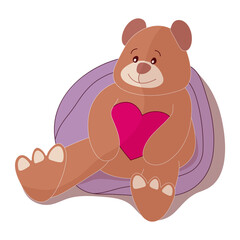 Cute brown teddy bear with heart, love theme. Stock vector illustration isolated on white background. A cartoon bear sits and holds a heart in its paws. Valentine's day concept, childrens illustration