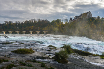 Rhine Falls on a cloudy autumn day in Switzerland