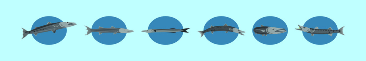 set of barracuda fish cartoon icon design template with various models. vector illustration isolated on blue background