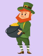 Leprechaun holding pot of gold coins. Fairy tale character in cartoon style.