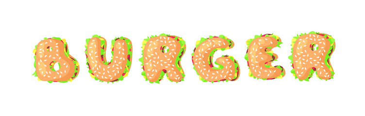 Hand Drawn Cartoon Burger Alphabet Fast Food Vector Font. Tasty Illustration Meal and Text. Flat Style Collection