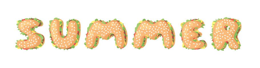 Hand Drawn Cartoon Burger Alphabet Fast Food Vector Font. Tasty Illustration Meal and Text. Flat Style Collection