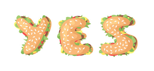 Hand Drawn Cartoon Burger Alphabet Fast Food Vector Font. Tasty Illustration Meal and Text. Flat Style Collection