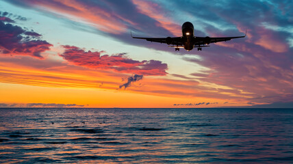 Fototapeta na wymiar Landing airplane above sea water at dawn 