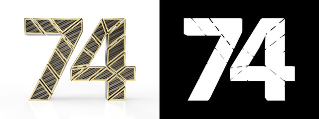 Number seventy-four (number 74) with perforated gold segments