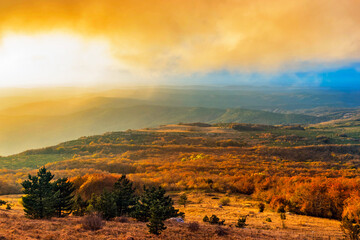 chatyr-dag plateau illuminated by sunset light on an autumn evening