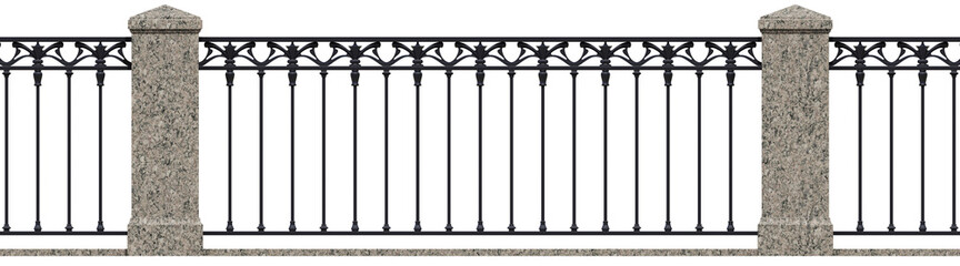 Wrought iron railing. Vintage. 3D render for project. Isolated. Decor. Art Nouveau. Architecture. Classic balcony. Stone pillars. White background.
