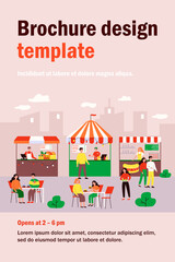 People eating at street food court, visiting festival in park, buying fast food in kiosks. Vector illustration for food market, summer, catering concept