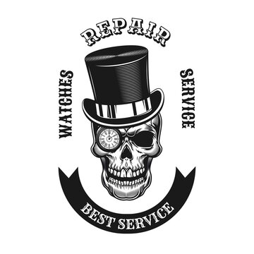 Watches repair emblem design. Monochrome element with skull in top hat and clock in eye hole vector illustration with text. Watchmaker shop and service concept for symbols and labels templates