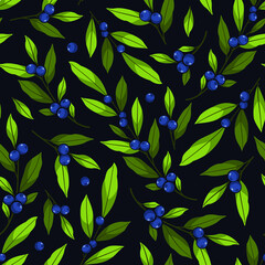 Blueberry seamless pattern. Blueberry twigs on black background. Berry design for wrapping paper, packaging, fabric, textile. - 410916822