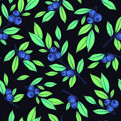 Blueberry seamless pattern. Blueberry twigs with light blue leaves. Berry design for wrapping paper, packaging, fabric, textile. - 410916896
