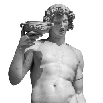 Ancient statue of Dionysus isolated on a white background. Dionysus is the God of the grape harvest, wine and merriment. Also known as Bacchus