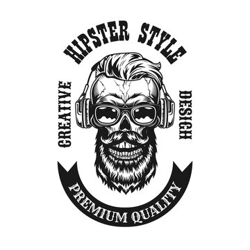 Stylish hipster with headphones label vector illustration. Retro black emblem with bearded skull in glasses for music festival. Hipster lifestyle concept can be used for retro template