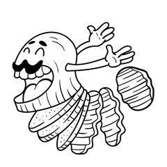 Funny cartoon potato sketch. Black and white hand drawn image. Potatoes turn into chips