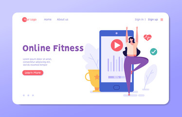 Woman doing yoga at home in mobile app. Concept of online fitness, online gym, workout at home, video exercise, smart sports equipment. Vector illustration in flat design for ui, web banner