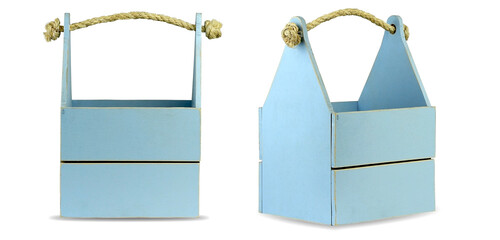 Wooden boxes, blue on an isolated white background with a wicker handle. Empty wooden box. Natural materials, wood, twine.