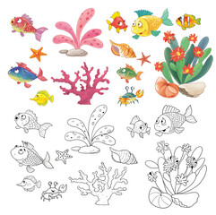 The little mermaid. Fairy tale. Coloring page. Illustration for children. Cute and funny cartoon characters isolated on white background