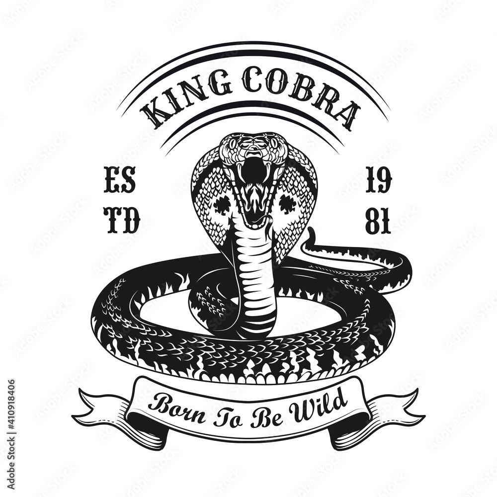 Poster king cobra symbol design. monochrome element with aggressive snake vector illustration with text. ag