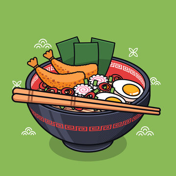 Japanese Tempura Ramen Noodle in Black Bowl