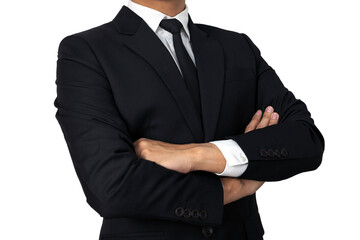 modern businessman crossed arms full suit isolated on white background, with clipping path. Confidential Businessman Concept portriat. 