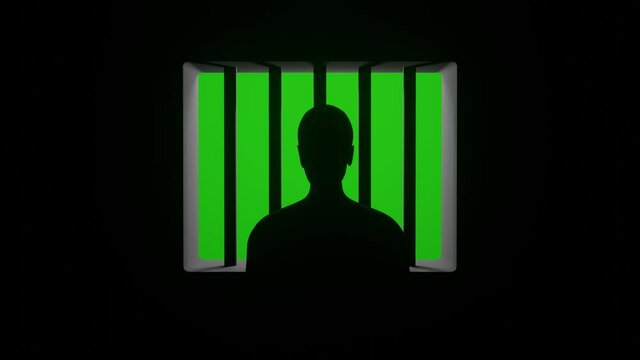 Man Behind Prison Bars With Green Screen View Outside. 3d Rendering Motion Animation Of Person Silhouette In Jail. 