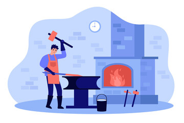Professional blacksmith working with sledge hammer flat vector illustration. Cartoon male smith doing metalwork and forging on anvil. Hard job and workshop concept