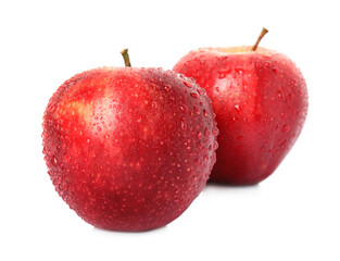 Fresh ripe red apples with water drops on white background