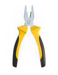 Yellow-black pliers isolated on white background. Repair and installation tool. 3d render illustration