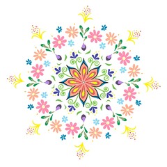 Fototapeta na wymiar Mandalas coloridas zen decoradas com flores e folhas