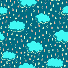Seamless pattern with colored rainy clouds. Vector illustration