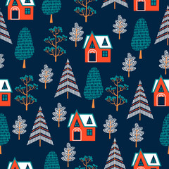 Seamless pattern with houses in the forest. Vector illustration