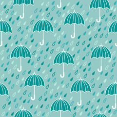 Seamless vector pattern with umbrellas, clouds and rain drops. Scandinavian style background.