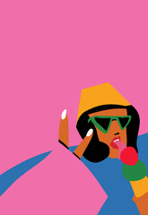 Stylish graceful young lady. Hand drawn vector trendy. Elegant art. Draw out the parts of the body. Beautiful face with glasses. The girl is eating ice cream.